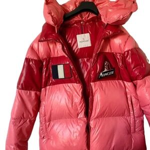 Pink and red moncler puffer coat
